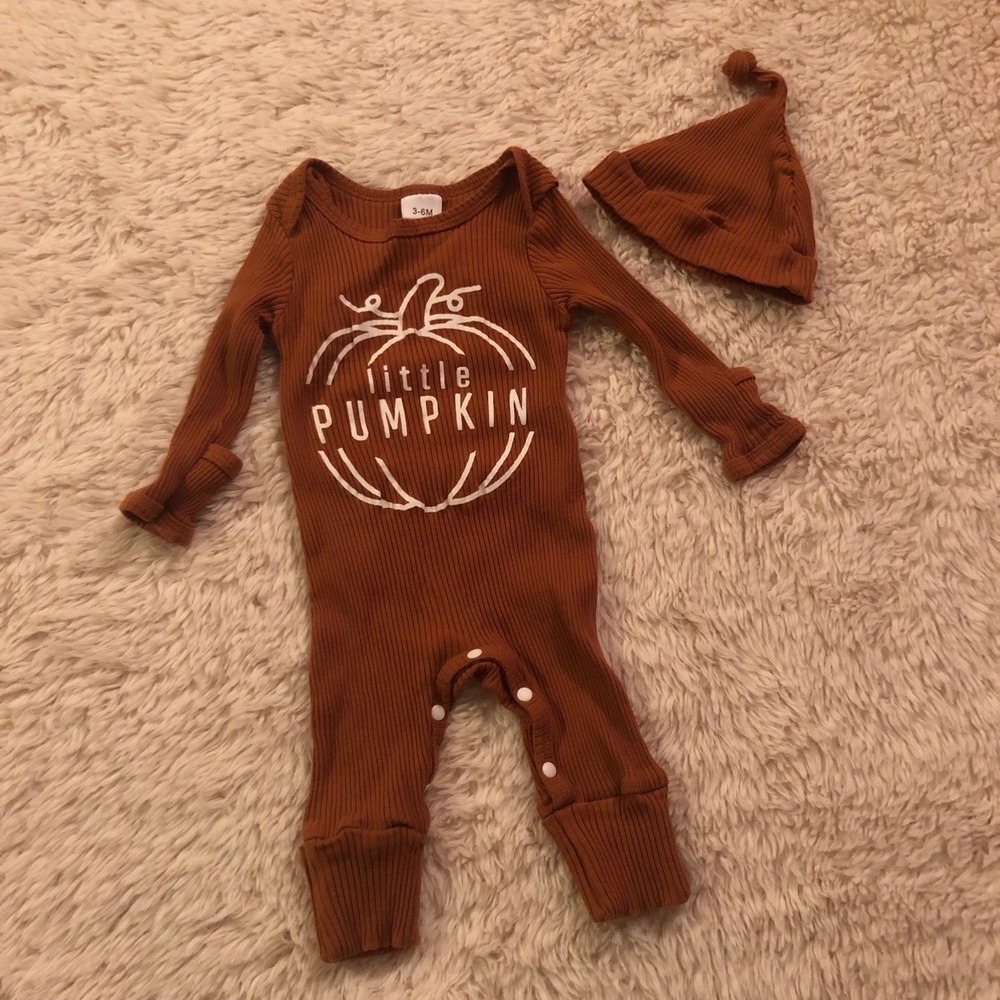 Baby Romper Set 3-6M Rust Orange Ribbed Little Pumpkin Fall Halloween Autumn
